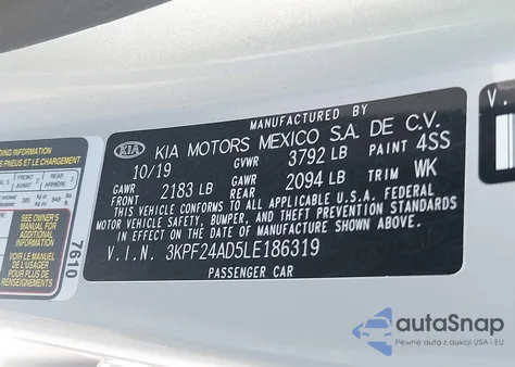 2020 Kia Forte Lxs z USA, uszkodzony, nr VIN 3KPF24AD5LE186319